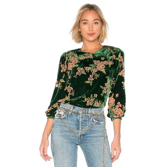 JOA Just One Answer Burn Out Velvet Blouse Top Emerald Floral Women's Size S - Picture 3 of 15
